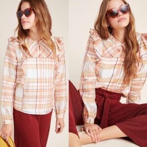 Current Air for Anthropologie | Women’s cream/salmon plaid Polly Ruffle Blouse M